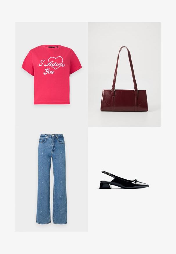 Camiseta de manga corta de color rosa brillante con texto en cursiva blanca "I Adore You" y un corazón delineado en el pecho.; Jeans de talle alto en azul, de pierna recta, con pequeños bordados de flores blancas esparcidos por la tela.; Zapato slingback negro de charol con punta afilada y tacón bajo cuadrado, con un detalle en plata. Diseño elegante con un mínimo de adornos.; Bolso burdeos hecho de material brillante, de forma rectangular, con dos asas para el hombro y sutiles acentos curvados en la parte frontal.