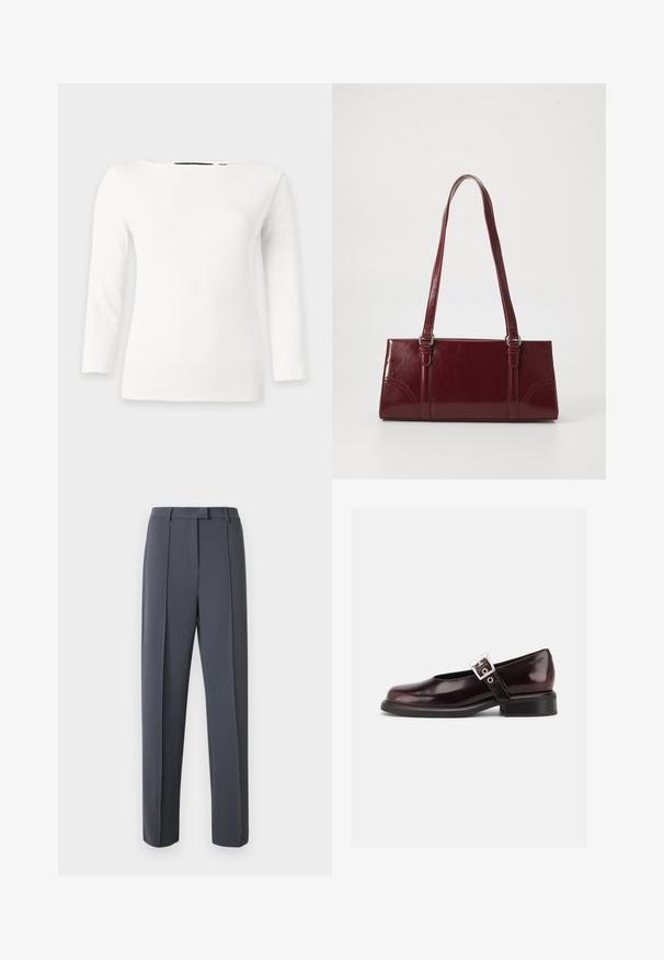 Top blanc en maille côtelée à manches longues, avec un large col rond et une silhouette ajustée.; Un pantalon gris sur mesure présente une coupe droite, un devant plissé et une texture lisse. La ceinture est équipée de passants pour une adaptation ajustable.; Chaussure Mary Jane unique brillante couleur bordeaux foncé avec une large bride et une boucle argentée, talon bloc bas et bout arrondi sur fond blanc.; Sac à main bordeaux en matériau brillant, de forme rectangulaire, avec deux anses et des accents légèrement courbés à l'avant.