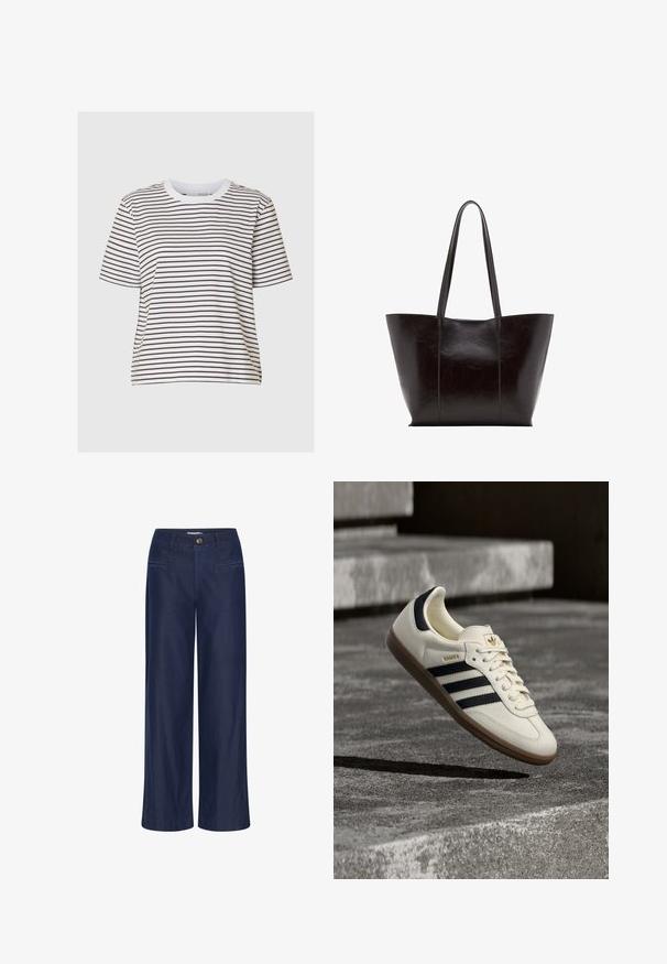 T-shirt rayé blanc et marron foncé, manches courtes, col rond, en tissu coton doux, possède une coupe droite et un style décontracté.; ICHI IHFlared - Jean flare - dark blue; Baskets blanches Adidas Samba avec des bandes noires et une semelle en gomme, flottant au-dessus de marches en béton gris texturé.; Sac fourre-tout en cuir noir avec texture lisse, corps large et deux longues poignées. Présente des coutures verticales pour un détail de design supplémentaire.