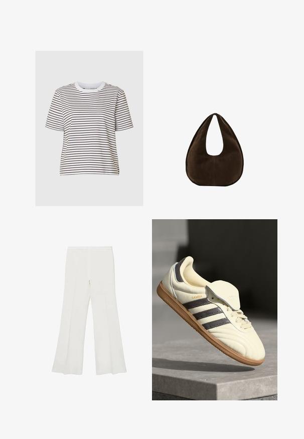 Camiseta a rayas en blanco y marrón oscuro, de mangas cortas, cuello redondo, fabricada en suave algodón, con corte recto y ajuste relajado.; Pantalones acampanados blancos con una textura suave y líneas limpias, con una cinturilla de altura media y sin hardware o patrones visibles.; Zapatilla de cuero crema con tres rayas oscuras, suela de goma marrón y punta redondeada. Cuenta con una lengüeta plegable etiquetada como "SAMBA".; Bolso de ante marrón oscuro en forma de media luna con una sola correa ancha y textura suave sobre un fondo blanco.