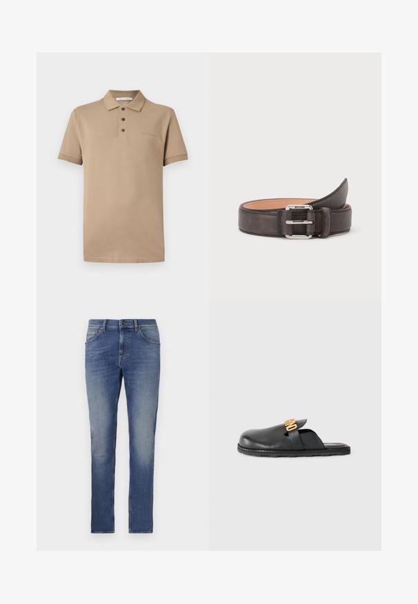 Polo beige à manches courtes avec trois boutons, un col et un marquage subtil "Tiger of Sweden" sur la poitrine et l’étiquette intérieure.; Jean en denim de couleur bleu moyen avec un léger délavage, design cinq poches, coupe droite et braguette à boutons. Présente un léger flou et des accents de couture subtils.; Mule en cuir noir à enfiler avec un détail de bande décorative en or et une semelle en caoutchouc texturée basse sur un fond uni.; Ceinture en cuir marron foncé avec boucle rectangulaire argentée, roulée sur un fond blanc.