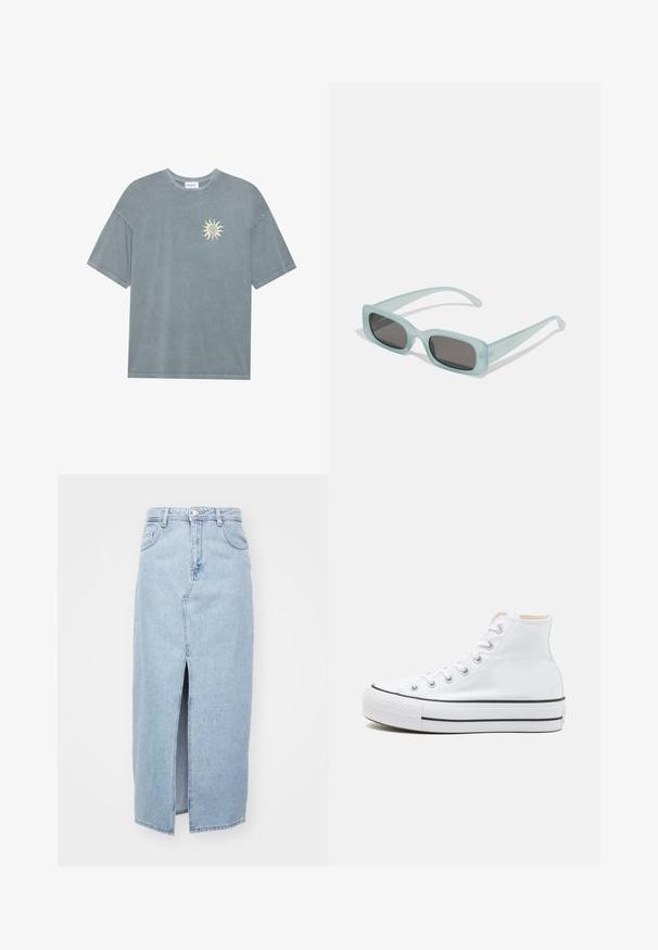 Lyseblå oversized t-shirt lavet af blødt bomuld med en rund halsudskæring og et gult solmotiv på venstre bryst.; Lyseblå denimnederdel med foran split, bæltesløjfer og klassisk fem-lomme design. Glat tekstur med en ren finish.; Hvide høj-top sneakers lavet af kanvasmateriale, sort gummisål og kontrasterende sort stribe på mellemsålen. Rund tåhætte og snørebåndsdesign.; Et par rektangulære solbriller med lyseblå gennemsigtige stel og mørkegrå linser, der har lige templer og minimale hardware detaljer.