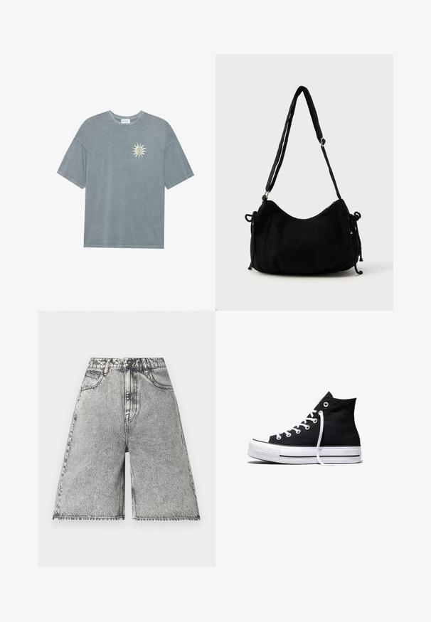 T-shirt surdimensionné bleu clair en coton doux, avec un col rond et un motif de soleil jaune sur le côté gauche de la poitrine.; Shorts en denim avec un motif délavé noir et gris, présentés avec une taille haute, des passants de ceinture et cinq poches. Les bords sont finis.; Baskets montantes en toile noire avec semelle en caoutchouc blanche et lacets blancs, vues de côté sur un fond blanc.; Sac à épaule en velours côtelé noir avec une forme courbée, bandoulière réglable et fermetures à cordon des deux côtés pour un ajustement de taille.