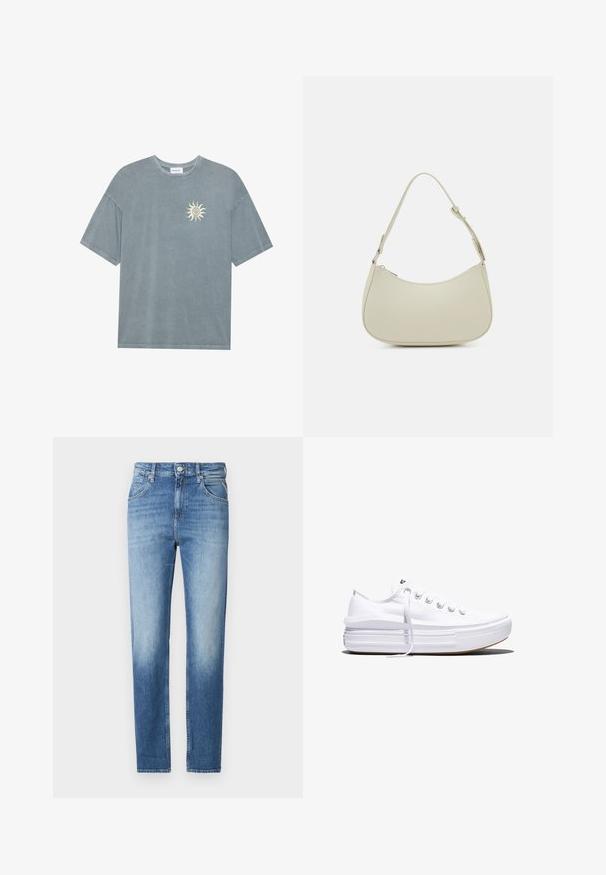 Lyseblå oversized t-shirt lavet af blødt bomuld med en rund halsudskæring og et gult solmotiv på venstre bryst.; Lyseblå denimjeans med lige pasform, falmet tekstur, fem lommer og knaplukning i taljen. Distinktiv syningsdetalje.; Hvid lavt snørestøvle med tyk plateau-sål, snørelukning foran og gummiforstærket tåkap, set i sideprofil.; Pieces PCALUANA SHOULDER BAG - Håndtasker - birch