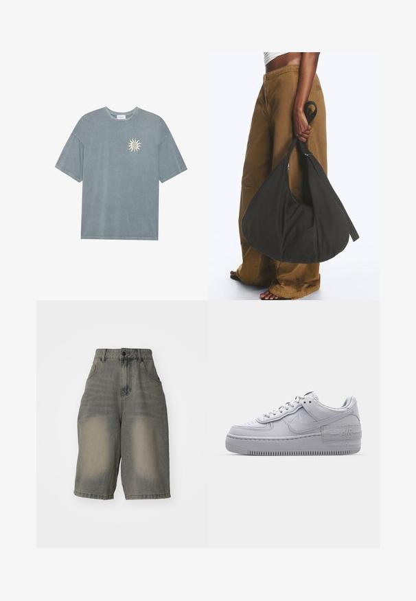 Svetlo modré voľné tričko vyrobené z jemnej bavlny s okrúhlym výstrihom a žltou grafikou slnka na ľavej strane hrudníka.; Jaded London LIGHT WASH JUMBO JORTS - Denimové šortky - light wash; Šedé tenisky Nike Air Force 1 s perforovanou špičkou, hladkým koženým zvrškom, hrubou podrážkou a embosovaným detailom 'AIR' na päte.; Osoba nosiaca hnedé široké nohavice a biely top drží veľkú čiernu mäkkú kabelku za popruh pri svojom boku.