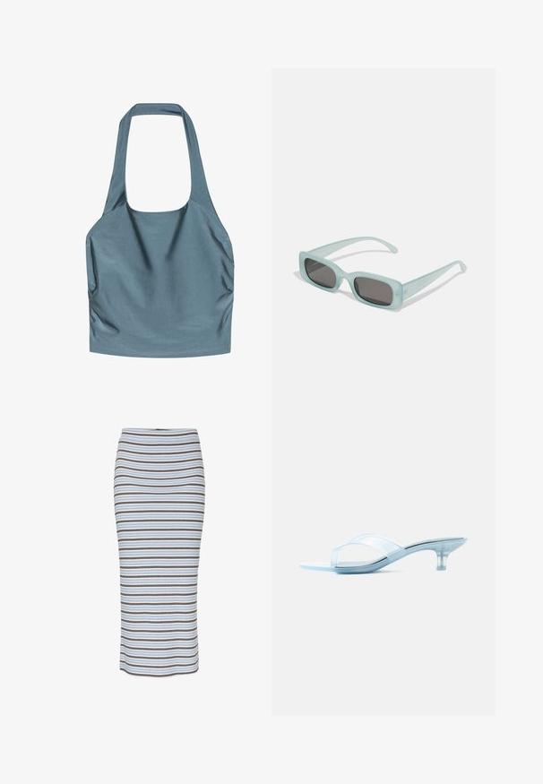 Halter-top i en afdæmpet blå farve, lavet af glat, skinnende stof med siderynkninger og firkantet udskæring.; Stribet blyantskirt i lysblå, med lodrette striber i sort og brun. Fremstillet af ribbet stof med en tætsiddende silhuet.; Klar sandal med lav hæl, gennemsigtige remme og en slank, let buet hæl på en hvid baggrund.; Et par rektangulære solbriller med lyseblå gennemsigtige stel og mørkegrå linser, der har lige templer og minimale hardware detaljer.