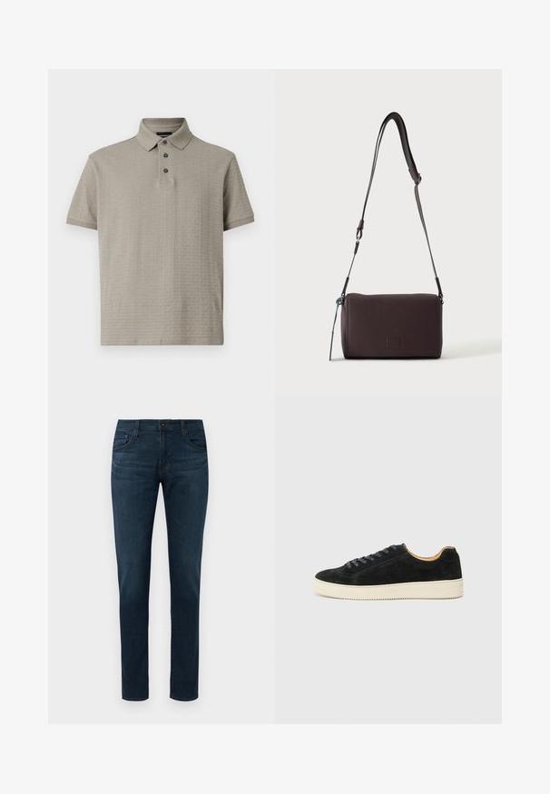 Polo de color gris claro hecho de tela texturizada que presenta un cuello con solapa, una tapeta con tres botones y un sutil patrón de logotipo en relieve.; Jeans oscuros de corte slim con cinco bolsillos, cierre frontal de botón y cremallera, exhibidos sobre un fondo blanco.; Zapatilla de ante negro con un diseño de corte bajo, cordones a juego, suela de goma texturizada color crema y una silueta minimalista.; Bolso bandolera de cuero marrón oscuro con textura, correa ajustable y pequeño adorno decorativo azul en el lateral.