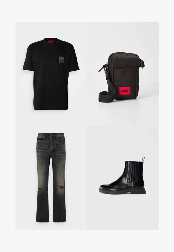 Schwarzes Baumwoll-T-Shirt mit Rundhalsausschnitt, versehen mit einem strukturierten schwarzen Patch mit Logo auf der linken Brust. Kurze Ärmel und entspannter Schnitt.; Schwarze, ausgebogene Jeans aus Denim mit einem verblassten Finish, sichtbaren Gebrauchsspuren und ausgefranstem Saum. Merkmale sind der klassische Fünf-Taschen-Stil und ein Metallknopfverschluss.; Schwarze Lederstiefelette mit elastischen Seiteneinsätzen, runder Zehenpartie, niedrigem Blockabsatz und Zuglasche. Verfügt über eine glänzende Textur und ein elegantes Design.; Schwarze Stoff-Crossbody-Tasche mit einem roten Logo-Patch, ausgestattet mit einem Reißverschluss-Top, einer Vorderklappen-Tasche und einem verstellbaren Tragegurt.