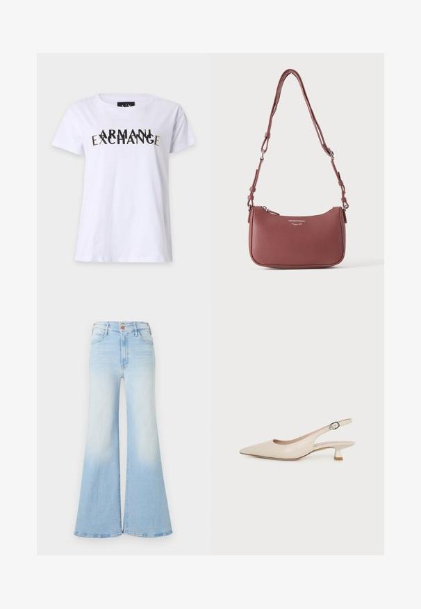 T-shirt blanc à manches courtes avec texte superposé "ARMANI EXCHANGE" noir et or sur le devant et col rond.; Jean en denim bleu clair taille haute avec jambes évasées larges, fermeture à boutons sur le devant, et poches avant et arrière.; Chaussure slingback beige à bout pointu avec un petit talon kitten et une boucle latérale réglable sur fond blanc uni.; Petit sac à bandoulière en cuir mauve texturé avec sangle réglable et fermeture éclair argentée, arborant le logo Emporio Armani Milano 1981 sur le devant.