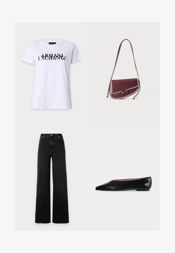Λευκό κοντομάνικο T-shirt με μαύρο και χρυσό επικαλυπτόμενο κείμενο "ARMANI EXCHANGE" μπροστά και στρογγυλή λαιμόκοψη.; Μαύρο τζιν με φαρδιά πόδια, κατασκευασμένο από denim. Ψηλόμεσο με κλείσιμο με κουμπί και σχεδιασμό με πέντε τσέπες. Λείο ύφασμα με ελάχιστο ξεθώριασμα.; Μαύρο δερμάτινο γυναικείο παπούτσι με χαμηλό τακούνι και μυτερή μύτη, εμφανιζόμενο πλάγια σε απλό ανοιχτό γκρι φόντο.; Σκούρο κόκκινη δερμάτινη τσάντα ώμου με λευκή διακοσμητική ραφή whipstitch και κυκλικό μεταλλικό κούμπωμα στο μπροστινό καπάκι.