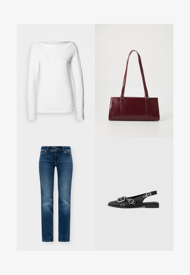 Langærmet, hvid, bomuldsskjorte med bred bådudskæring og en figursyet silhuet. Glat tekstur uden synlige mønstre eller accenter.; Blå denimjeans med klassisk fem-lomme design, knap- og lynlåslukning og let falmning på forsiden af lårene og knæene.; Sorte læderslingbacksko med spids tå, to sølvspænder og en lav blokhæl. Har en struktureret overdel og åben bag.; Bordeaux håndtaske lavet af glansfuldt materiale, rektangulær form, med to skulderremme og subtile buede detaljer på forsiden.