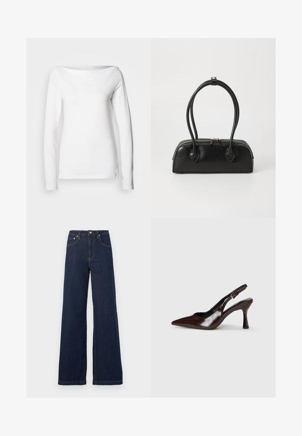 Chemise blanche à manches longues en coton, avec un large col bateau et une silhouette ajustée. Texture lisse sans motifs ni accents visibles.; Jean denim bleu foncé taille haute, jambes larges, avec poches avant, passants pour ceinture, bouton et rivets couleur cuivre.; Talons slingback en cuir verni brun avec un bout pointu, un talon fin, et une sangle réglable avec une petite boucle.; Sac à main en cuir noir avec deux anses allongées, fermeture éclair et forme arrondie ; texture lisse avec une finition légèrement brillante.