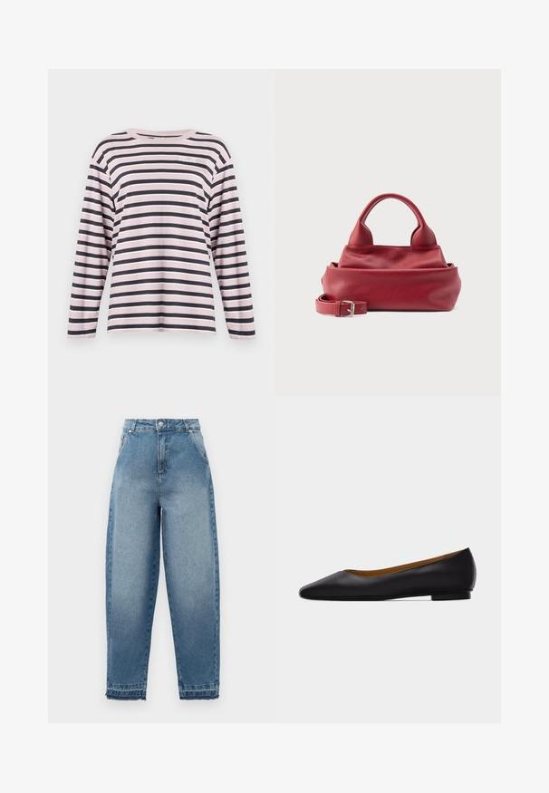 Chemise à manches longues, rayée rose et marine, en coton, col rond, avec un petit logo brodé sur la partie gauche de la poitrine.; Jean en denim bleu clair avec taille haute, coupe ample, conception à cinq poches et ourlets effilochés. Comprend des coutures classiques et une fermeture éclair.; Chaussure plate en cuir noir à bout pointu avec talon bas et finition lisse, vue de côté sur un fond gris clair.; Sac à main en cuir rouge texturé avec deux poignées arrondies et une bandoulière détachable avec une boucle argentée sur fond blanc.