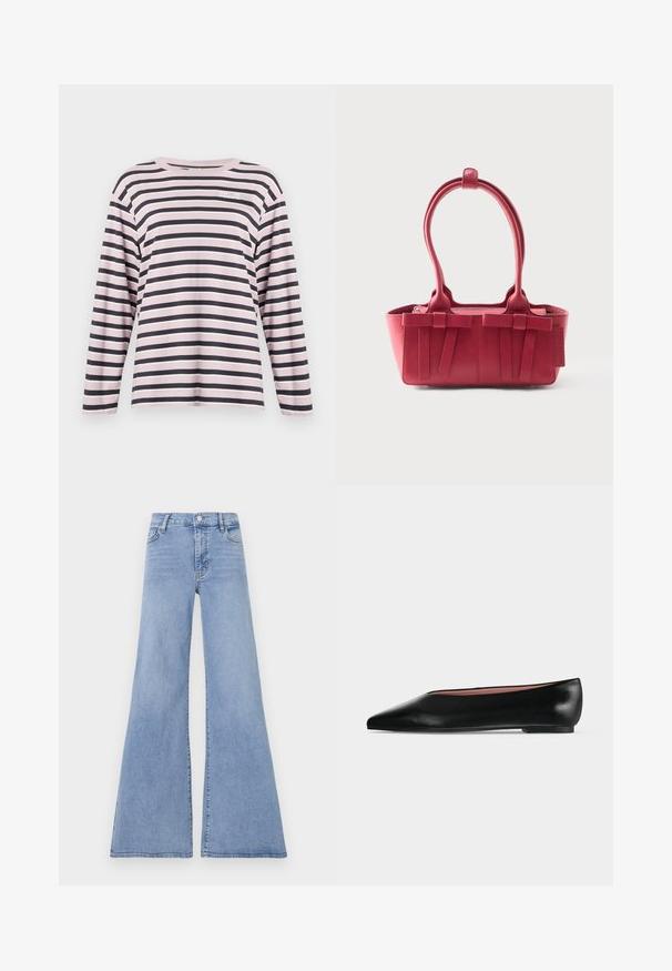 Chemise à manches longues, rayée rose et marine, en coton, col rond, avec un petit logo brodé sur la partie gauche de la poitrine.; Jeans évasés bleu clair en denim, avec une taille haute, un design à cinq poches et des détails de couture subtils le long des coutures.; Chaussure plate en cuir noir pour femme, avec bout pointu et petit talon, vue de côté sur un fond gris clair uni.; Sac à main en cuir rouge avec deux poignées supérieures, nœuds décoratifs à l'avant et une étiquette sur le côté, sur fond blanc.