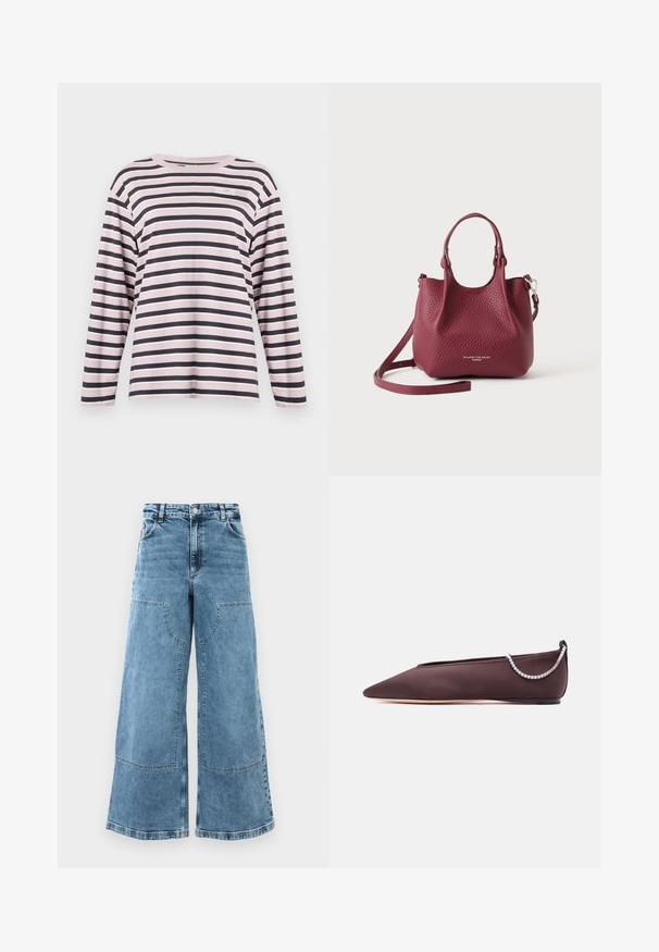 Langärmliges Shirt in Rosa und Marineblau mit Streifen, aus Baumwollmaterial, Rundhalsausschnitt, mit einem kleinen gestickten Logo im linken Brustbereich.; Helle blaue Denim-Wide-Leg-Jeans mit hoher Taille, großen Fronttaschen und sichtbaren Nähten. Verfügt über ein klassisches Fünf-Taschen-Design.; Dunkelbrauner flacher Schuh mit spitz zulaufender Spitze, niedrigem Absatz und einer silbernen Strasssteinkette auf der Rückseite.; Kleine dunkelrote strukturierte Lederhandtasche mit kurzen Griffen und einem abnehmbaren langen Riemen, mit geprägtem Logo auf der Vorderseite.