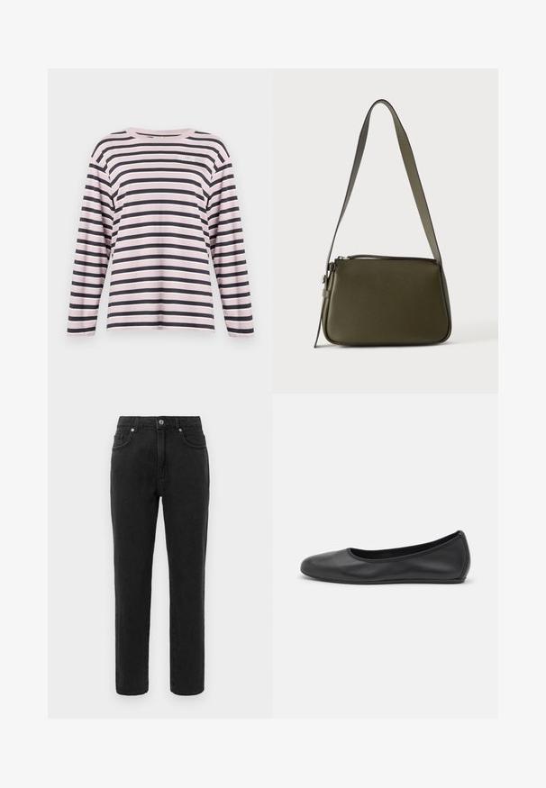 Chemise à manches longues, rayée rose et marine, en coton, col rond, avec un petit logo brodé sur la partie gauche de la poitrine.; Jean en denim noir avec une coupe droite, style à cinq poches standard et une fermeture à boutons. Présente des détails de couture subtils.; Ballerines en cuir noir avec un bout rond, texture lisse, détails de couture minimalistes et design de semelle flexible.; Sac à bandoulière en cuir vert olive avec fermeture éclair et sangle réglable sur un fond uni clair.