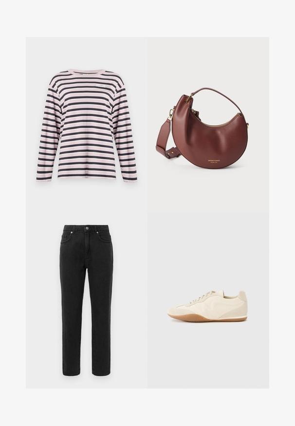 Chemise à manches longues, rayée rose et marine, en coton, col rond, avec un petit logo brodé sur la partie gauche de la poitrine.; Jean en denim noir avec une coupe droite, style à cinq poches standard et une fermeture à boutons. Présente des détails de couture subtils.; Baskets beige clair avec une tige en cuir texturé, des panneaux latéraux texturés et une semelle en caoutchouc. Dotées d'un design fin et épuré ainsi que de lacets plats.; Sac à main en cuir marron en forme de croissant avec fermeture éclair dorée et bandoulière réglable sur fond blanc.