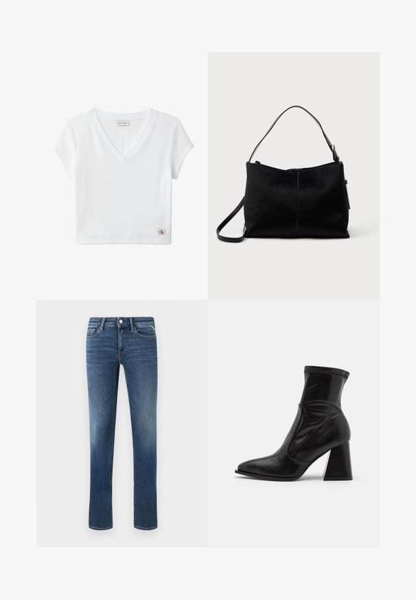 Biely krátky rebrovaný crop top s výstrihom do V, s visačkou Calvin Klein Jeans na zadnom límci a malou nášivkou s logom CK na leme.; Tmavo modré džíny z denimu so rovnými nohavicami, stredným pásom, prednými vreckami a klasickým prešívaním. Vlastnosti zahŕňajú kovový gombík a zips.; Čierne členkové čižmy z hladkej kože, s špicatou nosnou časťou, elastickým okrajom okolo členku a vrstveným, textúrovaným podpätkom.; Čierna ramenná taška s hladkým, textúrovaným povrchom, vybavená jedným popruhom a horným zipsom. Kompaktný obdĺžnikový tvar.