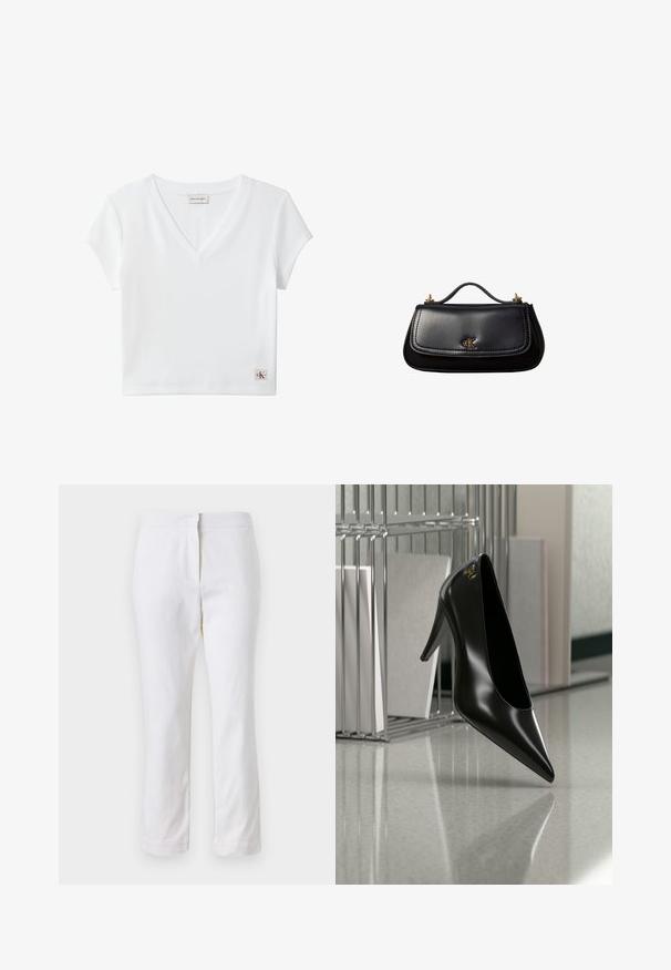 Biely krátky rebrovaný crop top s výstrihom do V, s visačkou Calvin Klein Jeans na zadnom límci a malou nášivkou s logom CK na leme.; Biele bavlnené nohavice so striedmym strihom, s pásom strednej výšky a bez viditeľných kovových prvkov alebo vzorov. Hladká textúra po celom obvode.; Čierna lodička na vysokom opätku so špicatou špičkou a zlatým logom, umiestnená na lesklej ploche vedľa chrómového drôteného organizéra na dokumenty.; Čierna kožená kabelka s malým rúčkou, zlatým logom "cK" na prednej klopke a zlatými kovovými akcentmi.