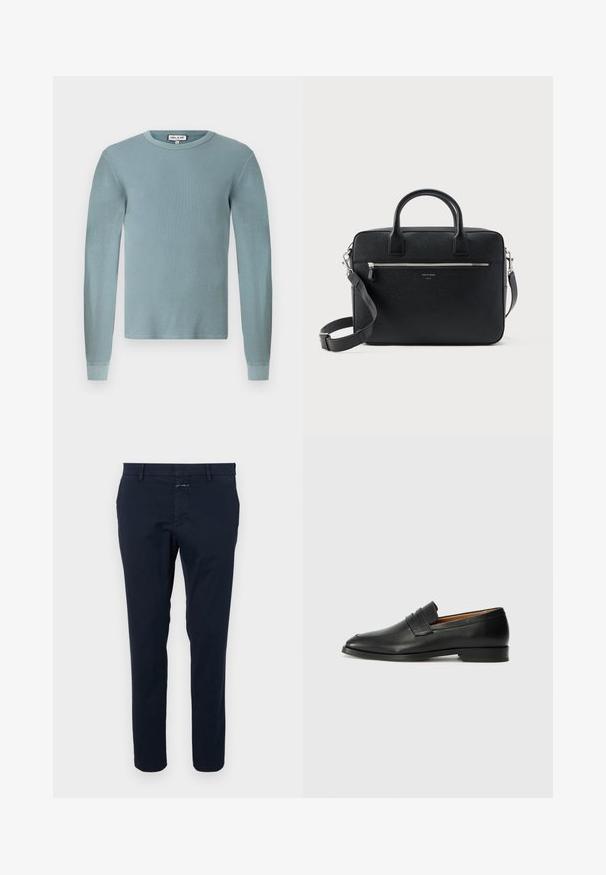 Helles blaues Langarmhemd mit gerippter Textur und Rundhalsauschnitt. Verfügt über eng anliegende Bündchen und ein einfaches Markenlabel am Kragen.; Navyblaue Baumwollchinos mit slim Fit, flachem Vorderteil und Reißverschluss. Verfügt über seitliche Taschen und eine Gesäßtasche mit einem kleinen Markentag.; Schwarze Leder-Slipper mit runder Zehenform, dezenten gestickten Details und niedrigem Absatz, ausgestattet mit glatter Textur und minimalistischem Design.; Schwarze strukturierte rechteckige Lederaktentasche mit Doppelgriffen, vorderer Reißverschlusstasche und verstellbarem Schultergurt, auf weißem Hintergrund dargestellt.