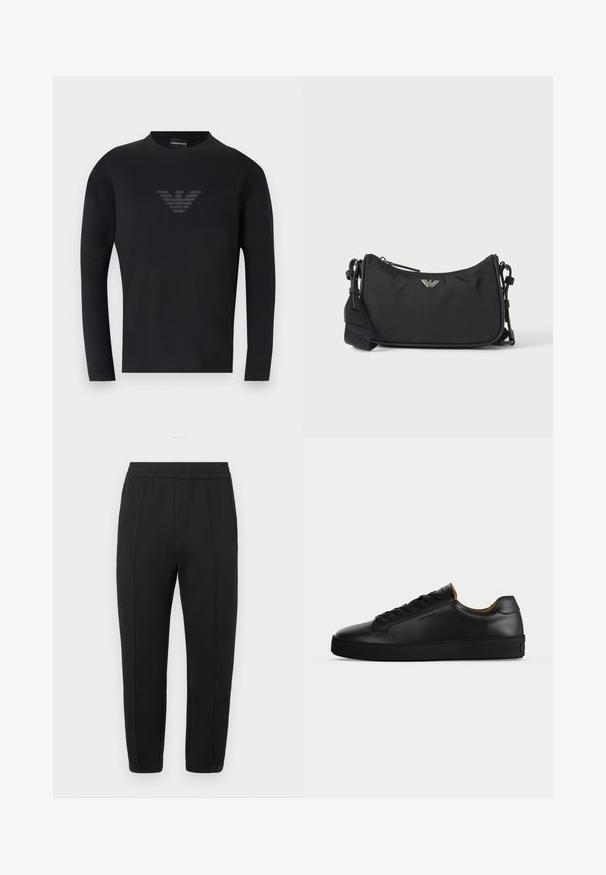 Sort langærmet rundhalset skjorte med et subtilt mørkegråt Emporio Armani ørn-logo centreret på brystet.; Sorte joggingbukser med elastisk taljebånd, konisk benindretning, frontplisseringer, sidelommer og elastiske manchetter ved anklerne.; Sort lavtopet læder-sneaker med sorte snørebånd, tekstureret gummisål og lille præget logo på siden, vist i profil mod grå baggrund.; Sort rektangulær crossbody taske med sølv brandlogoemblem og justerbar rem på lys baggrund.