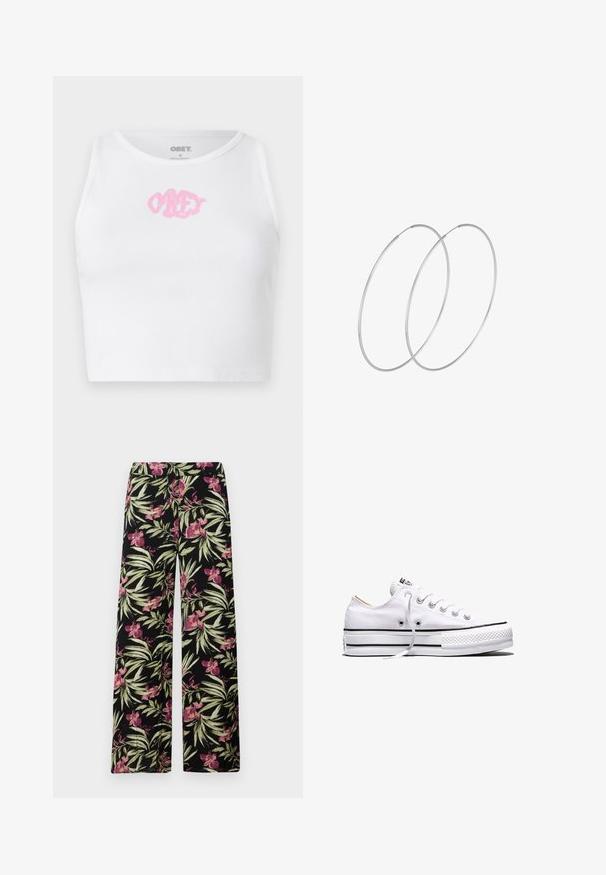 Witte geribde cropped top met een roze "OBEY" logo in het midden. Ontworpen met een ronde halslijn en zonder mouwen.; Wijduitlopende broek van zwarte stof met een bloemenpatroon van roze orchideeën en groene bladeren. Soepele textuur met een ontspannen pasvorm.; Witte lage canvas sneaker met witte veters, zwarte strepen op de zool en een rubberen, getextureerde neuskap, zijaanzicht op een witte achtergrond.; Zilveren hoepel oorbellen met een minimalistisch ontwerp. Cirkelvormig, gladde textuur en dun profiel. Lichtgewicht met een gepolijste afwerking.