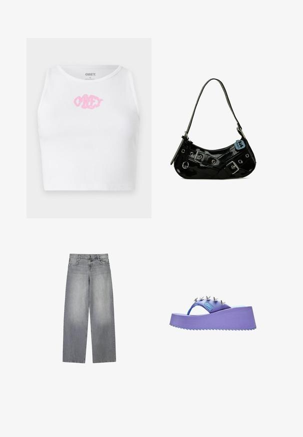 Crop top blanc à côtes avec un logo "OBEY" rose au centre. Conçu avec un col rond et sans manches.; Jean en denim gris à jambes larges avec une finition légèrement décolorée, doté de cinq poches, d'une fermeture à bouton à l'avant et de passants de ceinture.; Sandale plateforme violette avec décorations papillon argentées sur la bride et semelle texturée.; Sac à main en cuir verni noir avec une forme incurvée, présentant des ferrures en argent, des boucles décoratives et une bandoulière courte. Étiquette bleue attachée.
