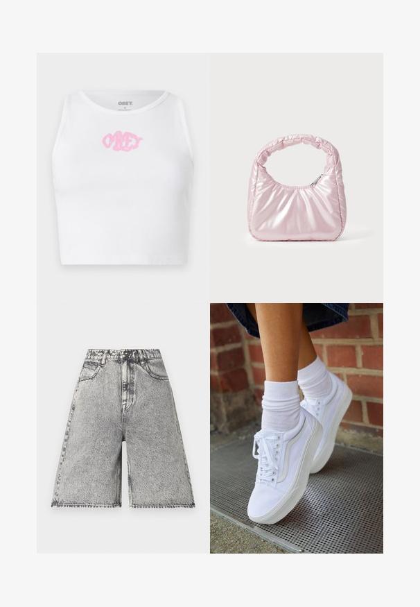 Crop top blanc à côtes avec un logo "OBEY" rose au centre. Conçu avec un col rond et sans manches.; Shorts en denim avec un motif délavé noir et gris, présentés avec une taille haute, des passants de ceinture et cinq poches. Les bords sont finis.; Baskets en toile blanches avec semelles en caoutchouc, dotées de six œillets, d'un bout rond et de détails de couture légers, portées avec des chaussettes blanches mi-mollet.; Sac à main rose rembourré avec un design arrondi, fabriqué à partir d'un matériau brillant. Dispose d'une poignée froncée et d'une fermeture éclair pour un accès sécurisé.