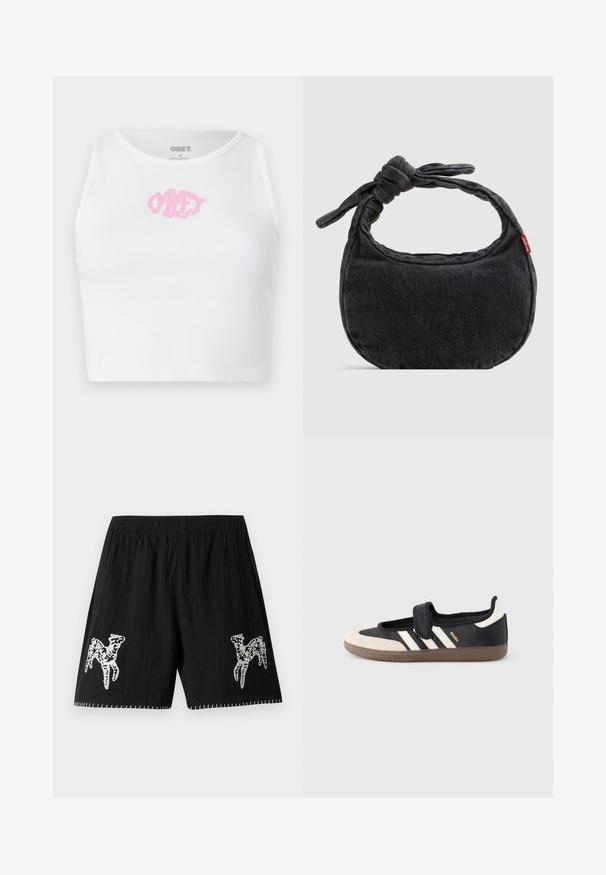 Valge sooniline lühike topp, mille keskel on roosa "OBEY" logo. Kujundatud ümmarguse kaelusega ja ilma varrukateta.; Mustad must shorts, mille tekstuuriga kangas; omaduseks valge tikand disain mõlemal jalal ja kontrastne õmblus hemil. Elastne vöökoht.; Must ja beež vabaajajalats klõpsrihmaga, küljele on kolm valget triipu ning pruun tekstuuriga kummist tald. Brändi logo on nähtav.; Väike must teksariidest õlakott sõlmitud rihma ja tõmblukuga sulgemisega, mille küljes on punane Levi's kangast silt.