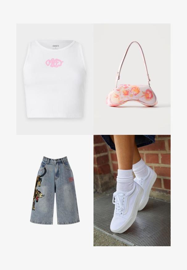 Witte geribde cropped top met een roze "OBEY" logo in het midden. Ontworpen met een ronde halslijn en zonder mouwen.; Ed Hardy PANTHER CRAWL - Jeansshort - bleach; Witte canvas sneakers met rubberen zolen, voorzien van zes vetertjes, een ronde neus en lichte stikdetails, gecombineerd met witte enkelsokken.; Kleine handtas met een gebogen vorm met een roze en oranje bloemenpatroon en een enkele schouderriem tegen een effen achtergrond.