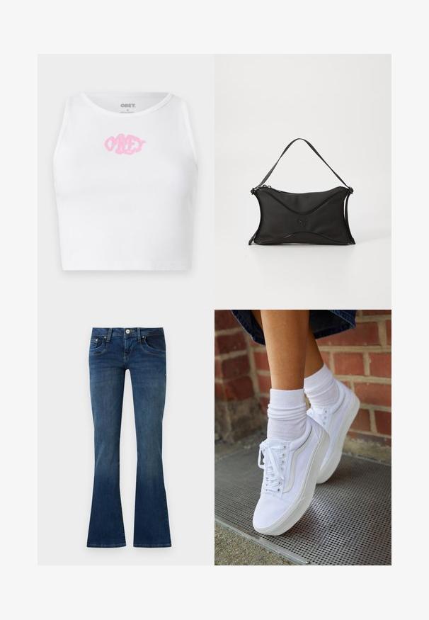 Crop top blanc à côtes avec un logo "OBEY" rose au centre. Conçu avec un col rond et sans manches.; Jean bootcut en denim bleu avec poches avant et fermeture par bouton, présenté sur un fond gris clair uni.; Baskets en toile blanches avec semelles en caoutchouc, dotées de six œillets, d'un bout rond et de détails de couture légers, portées avec des chaussettes blanches mi-mollet.; Sac à main noir en matériau doux et texturé. Présente un design ondulé, une bandoulière unique et un détail logo subtil à l'avant.