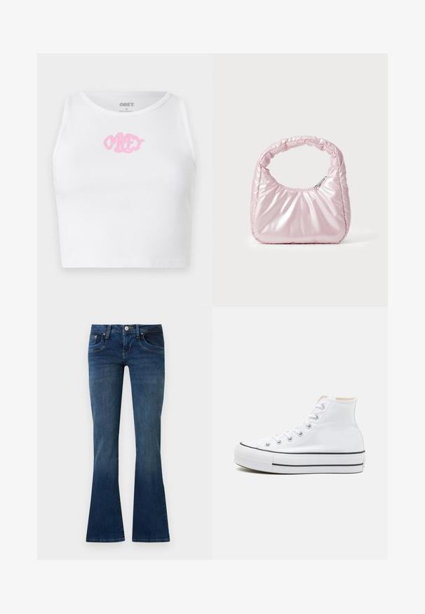 Crop top blanc à côtes avec un logo "OBEY" rose au centre. Conçu avec un col rond et sans manches.; Jean bootcut en denim bleu avec poches avant et fermeture par bouton, présenté sur un fond gris clair uni.; Baskets montantes blanches en toile, semelle en caoutchouc noir et bande noire contrastante sur la semelle intermédiaire. Bout rond et design à lacets.; Sac à main rose rembourré avec un design arrondi, fabriqué à partir d'un matériau brillant. Dispose d'une poignée froncée et d'une fermeture éclair pour un accès sécurisé.