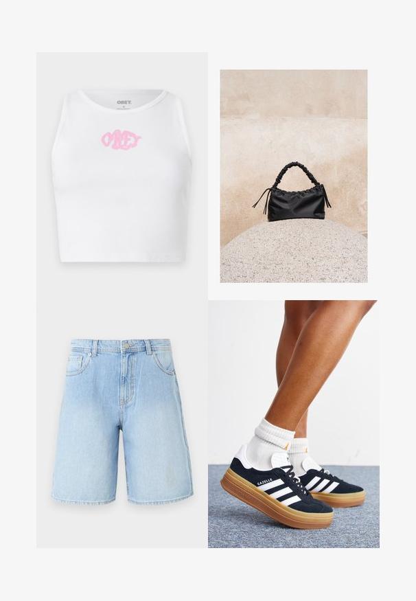 Weißes, geripptes Crop-Top mit einem rosa "OBEY"-Logo in der Mitte. Mit rundem Ausschnitt und ärmellosem Design.; Hellblaue Denim-Shorts mit geradem Bein, fünf Taschen und Oberknopfverschluss. Ausgewaschene Optik mit sichtbaren Nähdetails.; Beine mit weißen Socken und schwarzen Adidas Gazelle Sneakers mit weißen Streifen und dicken braunen Sohlen auf einem grauen Teppichboden.; Schwarze geraffte Handtasche mit einem gesammelten Griff, die auf einer strukturierten Steinkugel vor einem beigen Betonwand-Hintergrund liegt.