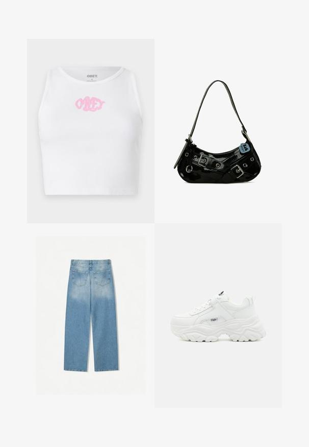 Hvid ribbet crop top med et pink "OBEY" logo i midten. Designet med en rund halsudskæring og uden ærmer.; Lysblå denimjeans med lige ben-design, som har to baglommer og en falmet tekstur i de øverste sektioner.; Hvide chunky sneakers med en glat læderoverdel, rund tå og tyk tekstureret sål med et synligt brandlogo på siden.; Sort lakeret skuldertaske med en buet form, udsmykket med sølvhardware, dekorative spænder og en kort rem. Blå mærkat vedhæftet.