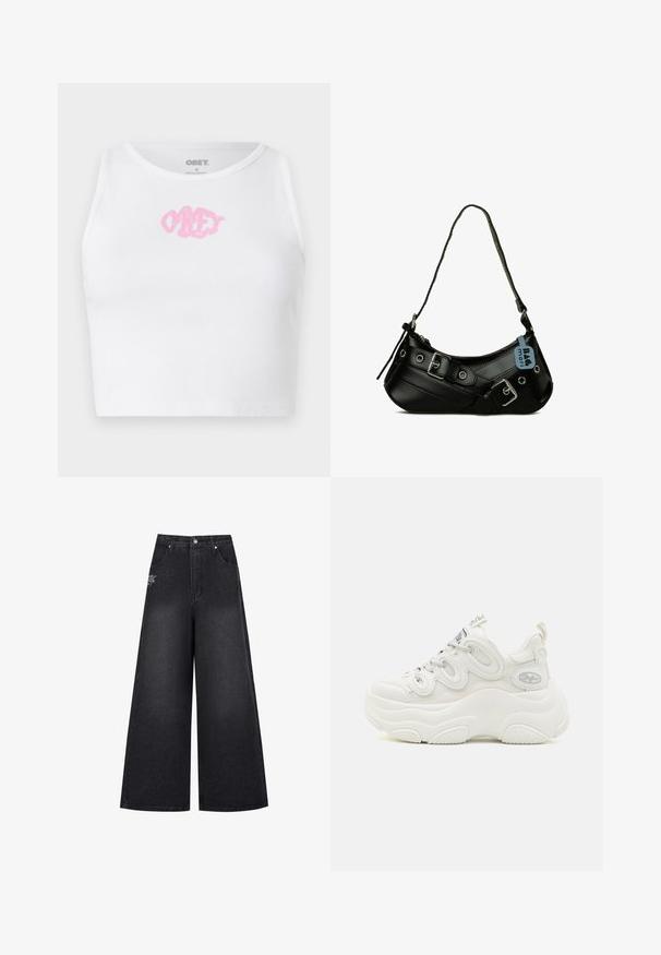 Hvid ribbet crop top med et pink "OBEY" logo i midten. Designet med en rund halsudskæring og uden ærmer.; Bredde sorte denimbukser med høj talje, der har diskrete syninger og et lille logo på den forreste venstre lomme.; Hvide chunky sneakers med overdel i mesh og syntetisk materiale, buet form, tekstureret sål og fremtrædende snøresystem med logo detaljer.; Sort syntetisk håndtaske med en buet form, justerbar rem og dekorative metalspænder. Har en glat, blank tekstur.