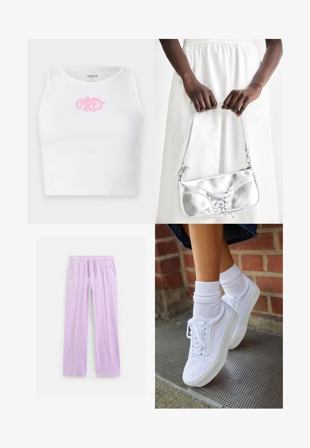 Hvid ribbet crop top med et pink "OBEY" logo i midten. Designet med en rund halsudskæring og uden ærmer.; Lyse lilla sweatpants med lige ben, elastisk talje, justerbare snore og lynlåslommer i siderne.; Hvide lærreds sneakers med gummisåler, der har seks snørehuller, rund tå og let sømdetaljer, krydret med hvide ankelstrømper.; Sølvmetallic håndtaske med snøredetaljer, der har et slankt design og en kort strop. Tasken holdes i hænderne for at fremvise dens tekstur.