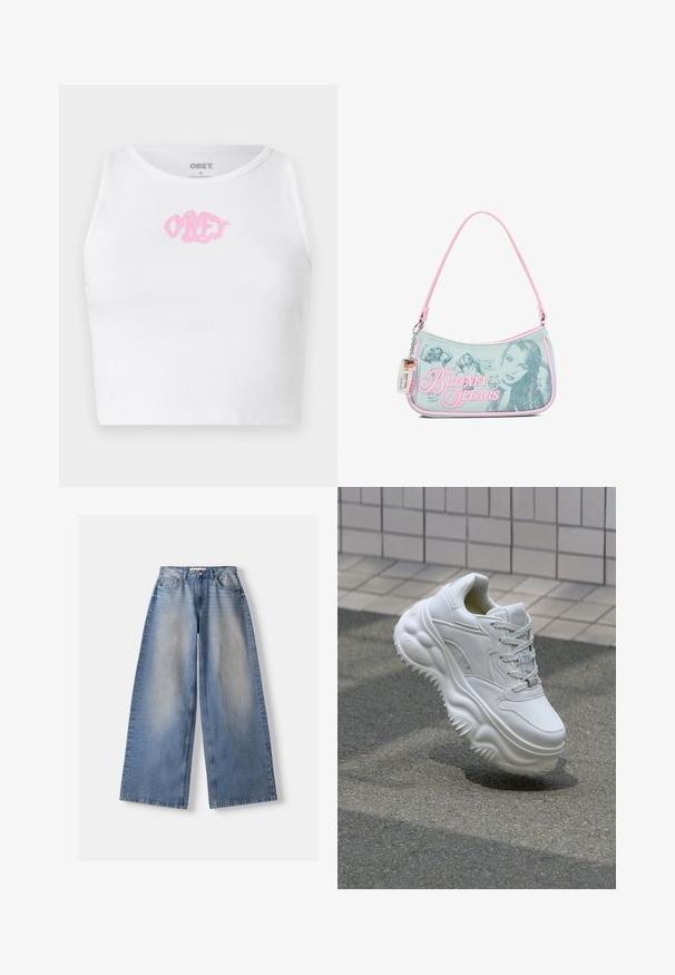 Hvid ribbet crop top med et pink "OBEY" logo i midten. Designet med en rund halsudskæring og uden ærmer.; Lyseblå vidde jeans med falmet front, fem-lomme stil, knap- og lynlåslukning, lagt fladt på en hvid baggrund.; Hvide lædersneakers med en kraftig sål, teksturerede detaljer og snørelukning. Har formede accenter og en glat finish.; Lille denimhåndtaske med lyserød kant, der har sort-hvide billeder af Britney Spears, rhinstenstjerne-designs og en fastgjort plastik ID-mærkat.