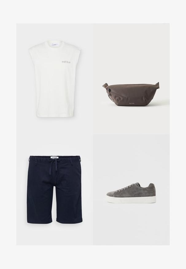 Hvid ærmeløs T-shirt med lille grå tekstgrafik på venstre bryst og rund halsudskæring, vist på en ensfarvet baggrund.; Marineblå shorts med elastisk talje og justerbar snor, med en afslappet pasform og glat tekstur.; Grå ruskinds-lavtop-sneaker med hvid gummisål og matchende grå snørebånd, vist fra siden mod en ensfarvet baggrund.; Mørkebrun stof talje taske med diagonalt lynlåslomme og lille hvidt logo på fronten, sat mod en ensfarvet lys baggrund.