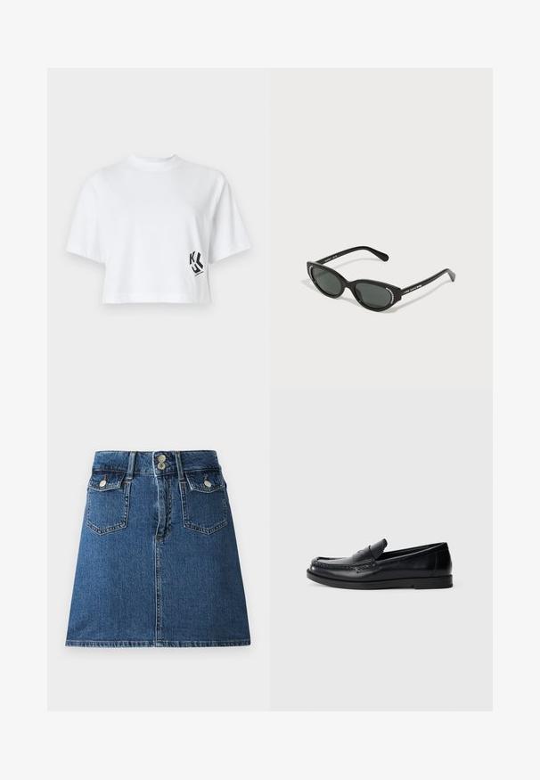 Camiseta corta blanca de algodón con mangas cortas y un diseño de logo negro en el lado izquierdo. Cuello redondo simple.; Falda de mezclilla en azul oscuro, con una cintura ajustada, dos bolsillos frontales, dos bolsillos traseros y cierres de botón en tono plateado.; Mocasines de cuero negro con un diseño de acento cosido, punta redonda, suela de goma plana y un acabado suave. Silueta clásica y versátil.; Gafas de sol negras en forma de ojo de gato con lentes oscuros, con adornos en tono plateado a lo largo del borde superior. Montura de plástico brillante y elegante.