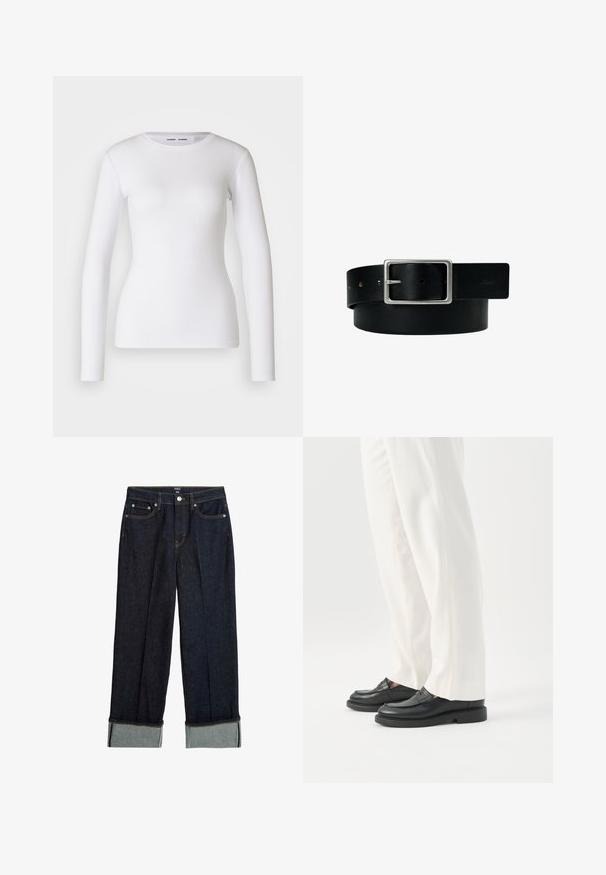 Hvid langærmet skjorte lavet af ribbet stof, med runde udskæring og tætsiddende pasform. Ingen mønstre eller accenter er til stede.; Mørkeblå bredbenede jeans med opsmøg, der har orange syninger og klassisk fem-lommers design. Lavet af denimstof.; Person iført hvide skræddersyede bukser og sorte læder loafers stående på hvid baggrund.; Sort læderbælte med sølv rektangulært spænde og flere justeringshuller, lagt fladt på en hvid baggrund.
