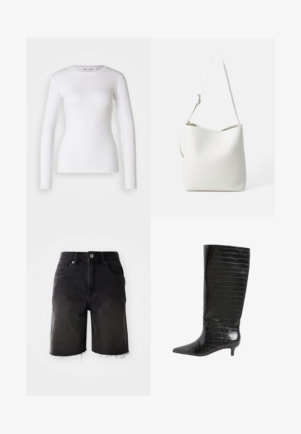 Weißes Langarmhemd aus geripptem Stoff mit Rundhalsausschnitt und taillierter Form. Keine Muster oder Akzente sind vorhanden.; Schwarze Denim-Shorts mit einer ausgewaschenen Optik, fransigem Saum, klassischem Fünf-Taschen-Design und einem Knopfverschluss. Dicke Nähte ergänzen das Gesamtbild.; Schwarzer kniehoher Stiefel mit spitz zulaufender Spitze, niedrigem Kittenabsatz und glänzendem, krokodilgeprägtem Leder.; Weiße perforierte Leder-Schultertasche mit verstellbarem Riemen und silberner Schnalle, vor einem schlichten weißen Hintergrund präsentiert.
