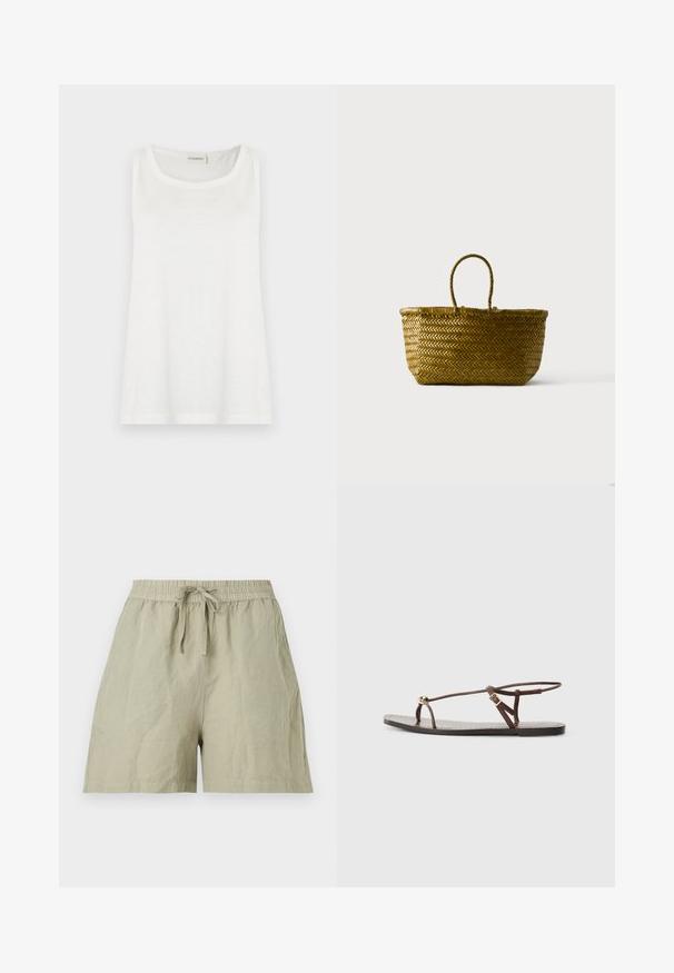 Débardeur blanc sans manches avec un col rond. Fabriqué en tissu léger et doux, avec une coupe décontractée et des bords nets. Étiquette visible au niveau du col.; Shorts décontractés beige clair avec taille élastique et cordon noué à l'avant, présentés à plat sur fond blanc.; Sandale en cuir marron avec des fines lanières, un accent circulaire doré et une semelle plate. Design minimaliste avec un détail de boucle réglable.; Sac cabas en paille tressée avec une anse en boucle, forme rectangulaire arrondie et couleur naturelle marron sur un fond uni.