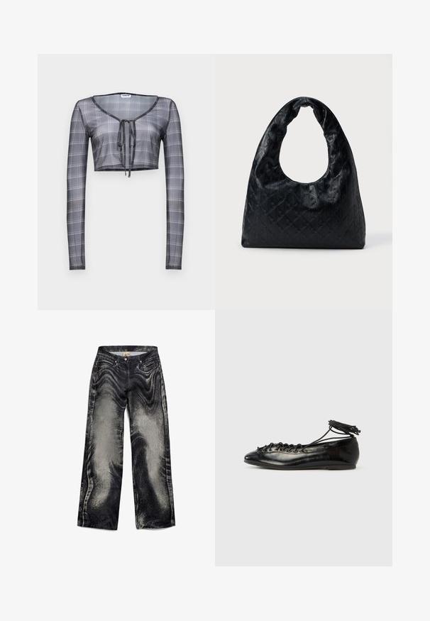 Haut à manches longues cropped en tissu gris transparent avec un motif à carreaux, présentant un décolleté en V et une fermeture à nouer à l'avant.; Jeans évasés en denim noir avec un motif texturé et décoloré, dotés de cinq poches et d'une fermeture à bouton. Tissu lisse avec une finition légèrement brillante.; Ballerines en cuir verni noir avec un bout rond, un design à lacets et une semelle plate. Texture lisse avec peu de détails.; Sac à main en cuir noir avec une forme structurée et arrondie, présentant une grande poignée en forme de demi-lune découpée et un motif en diamant texturé.