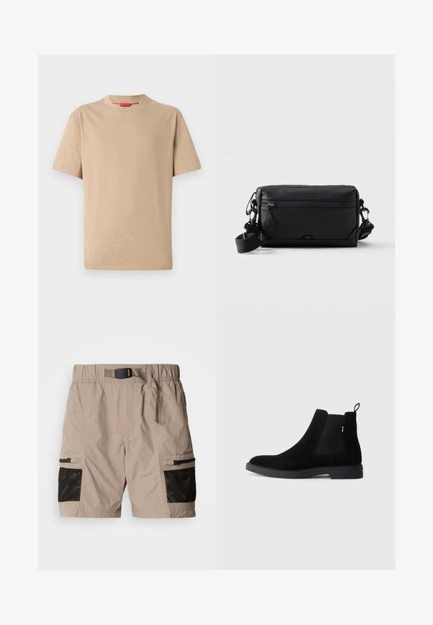 Beige katoenen T-shirt met korte mouwen, ronde hals en subtiele "HUGO"-logo in het midden. Glad textuur, ontspannen pasvorm.; Beige cargoshorts van een gestructureerde stof, met zwarte gaasaccenten, een elastische tailleband en zijzakken met ritsen.; Zwarte suède Chelsea laarzen met elastische zijpanelen, ronde neus en een lage rubberen zool. Beschikt over een trekband aan de achterkant voor eenvoudig aan- en uittrekken.; Zwart rechthoekige crossbodytas met voorvak met rits, verstelbare band en geperst "BOSS"-logo bovenaan in het midden.