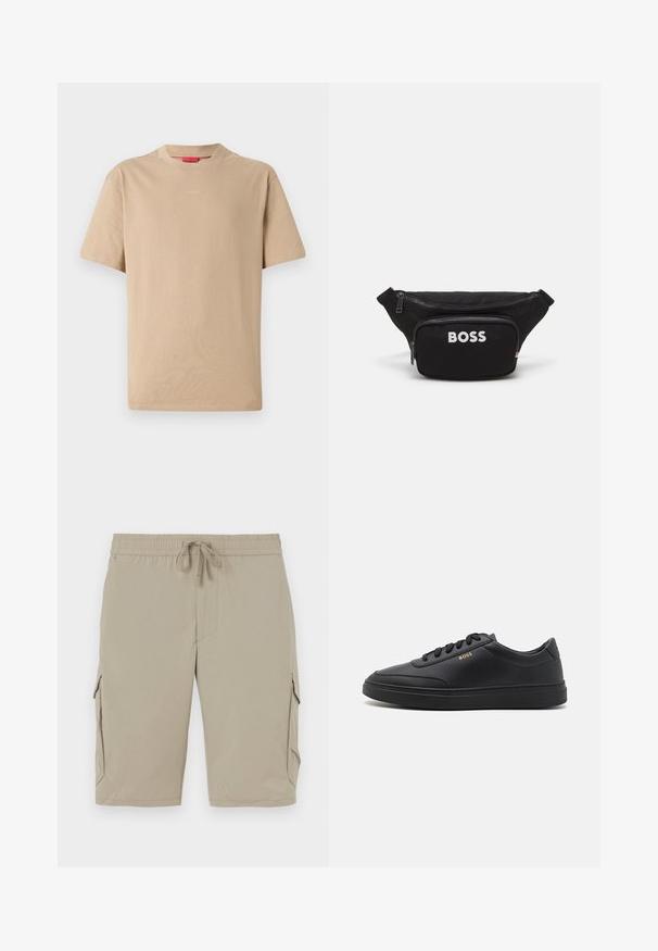 Beige bomulds T-shirt med korte ærmer, rund halsudskæring og subtilt "HUGO" logo i midten. Glat overflade, afslappet pasform.; Beige cargo shorts med elastisk talje og snor. Har sidelommer og et glat, let stof.; Sorte lædersneakers med en glat overflade, rund tå, flad gummisål og tonede snørebånd. Udstyret med guld "BOSS" branding på siden.; Sort stofet bæltetaske med en lynlåslomme foran, stort hovedrum og hvid "BOSS" logo på forsiden. Glat tekstur, struktureret form.
