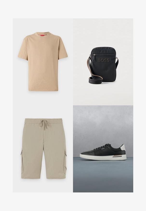 Camiseta de algodón beige con mangas cortas, escote redondo y sutil logo "HUGO" en el centro. Textura suave, corte relajado.; Pantalones cortos cargo beige con cinturilla elástica y cordón. Cuentan con bolsillos laterales y una tela suave y ligera.; Zapatilla de cuero negra con suela blanca, cuenta con perforaciones, diseño de cordones, logo en el costado y detalle del talón en blanco y marrón.; Bolso bandolera negro con bolsillo delantero con cremallera y logo "BOSS", correa ajustable con ribete marrón, sobre fondo claro.