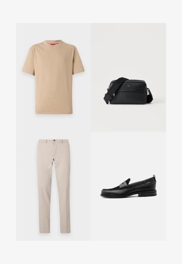 Beige Baumwoll-T-Shirt mit kurzen Ärmeln, Rundhalsausschnitt und dezentem "HUGO"-Logo in der Mitte. Angenehme Textur, legerer Schnitt.; Beige Slim-Fit-Hose mit Gürtelschlaufen, Knopfverschluss und vorderlichem Reißverschluss, flach auf weißem Hintergrund dargestellt.; Schwarzer Lederloafer mit grauem Riemendetail, niedrigem Absatz und strukturierter Sohle, seitlich mit „HUGO“ in Gold gebrandmarkt.; Schwarze, strukturierte Leder-Crossbody-Tasche mit vorderer Reißverschlusstasche und verstellbarem breitem Stoff-Schulterriemen auf weißem Hintergrund.
