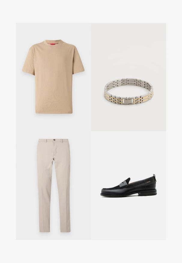Beige bomulds T-shirt med korte ærmer, rund halsudskæring og subtilt "HUGO" logo i midten. Glat overflade, afslappet pasform.; Beige, smalle bukser med bæltestropper, knaplukning og frontlynlås, vist fladt mod en hvid baggrund.; Sort læderloafer med grå remdetalje, lav hæl og tekstureret sål, mærket med "HUGO" i guld på siden.; Sølv- og guldfarvet metalarmbånd med rektangulært lås, indgraveret med et brandnavn på en hvid baggrund.