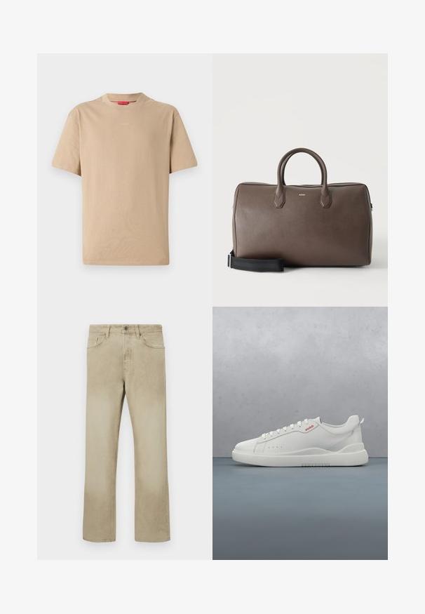 Beige bomulds T-shirt med korte ærmer, rund halsudskæring og subtilt "HUGO" logo i midten. Glat overflade, afslappet pasform.; Beige bomuldsbukser med lige ben design, forsynet med forlommer og klassisk knaplukning. Glat tekstur med diskret slid.; Hvide sneakers med en glat læderfinish, rund tå, fire snørehuller, subtile perforeringer og en rød logo detalje på siden.; Brun læder duffel taske med to håndtag, en sort justerbar skulderrem og et lille "BOSS" logo på fronten i midten.
