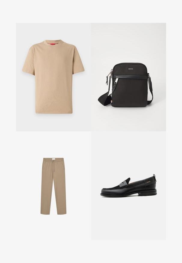Beige bomulds T-shirt med korte ærmer, rund halsudskæring og subtilt "HUGO" logo i midten. Glat overflade, afslappet pasform.; Beige strækbukser med elastisk talje og snørelukning, der har to sidelommer og et lige ben-design. Glat tekstur.; Sort læderloafer med grå remdetalje, lav hæl og tekstureret sål, mærket med "HUGO" i guld på siden.; Sort crossbody taske med et struktureret stof, logo på fronten, lynlås lukning og justerbar rem. Har en glat læderkant.